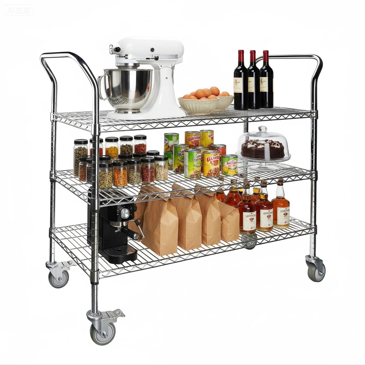 Northsky 3-Shelf Wire Utility Cart on Wheels, Chrome Finish Rolling Metal Shelving with Wheels, 550lb Capacity, 47" x 18" x 44.1", 3 Tier Rolling Cart for Kitchen Bar Storage Use