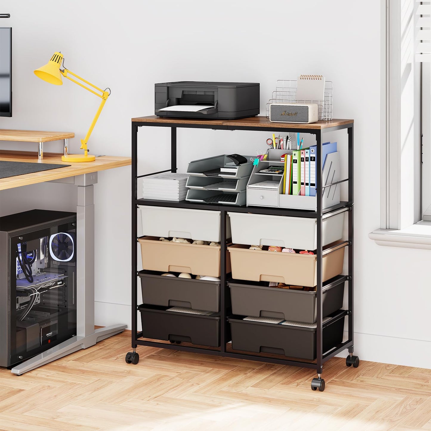 SYKIARIOL 8 Drawers Rolling Storage Cart with Wooden Top, Multipurpose Utility Cart with Opening Shelf & Lockable Wheels, Storage Drawer Cart Organizer for Home Office Craft Room Classroom, Brown