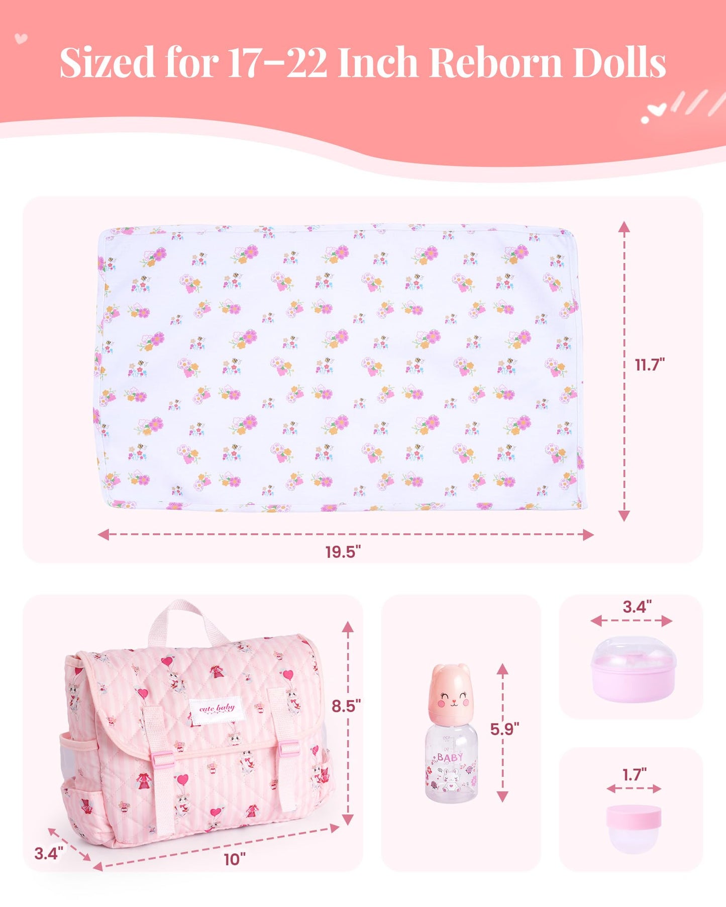 BABESIDE 9 Pcs Reborn Baby Doll Accessories for 17-22 Inch Reborn Dolls, Diaper Bag Set with 2 Diapers, Changing Pad, Bottle, Tissue and Care Set, Great for Children's Pretend Play, Doll Not Included