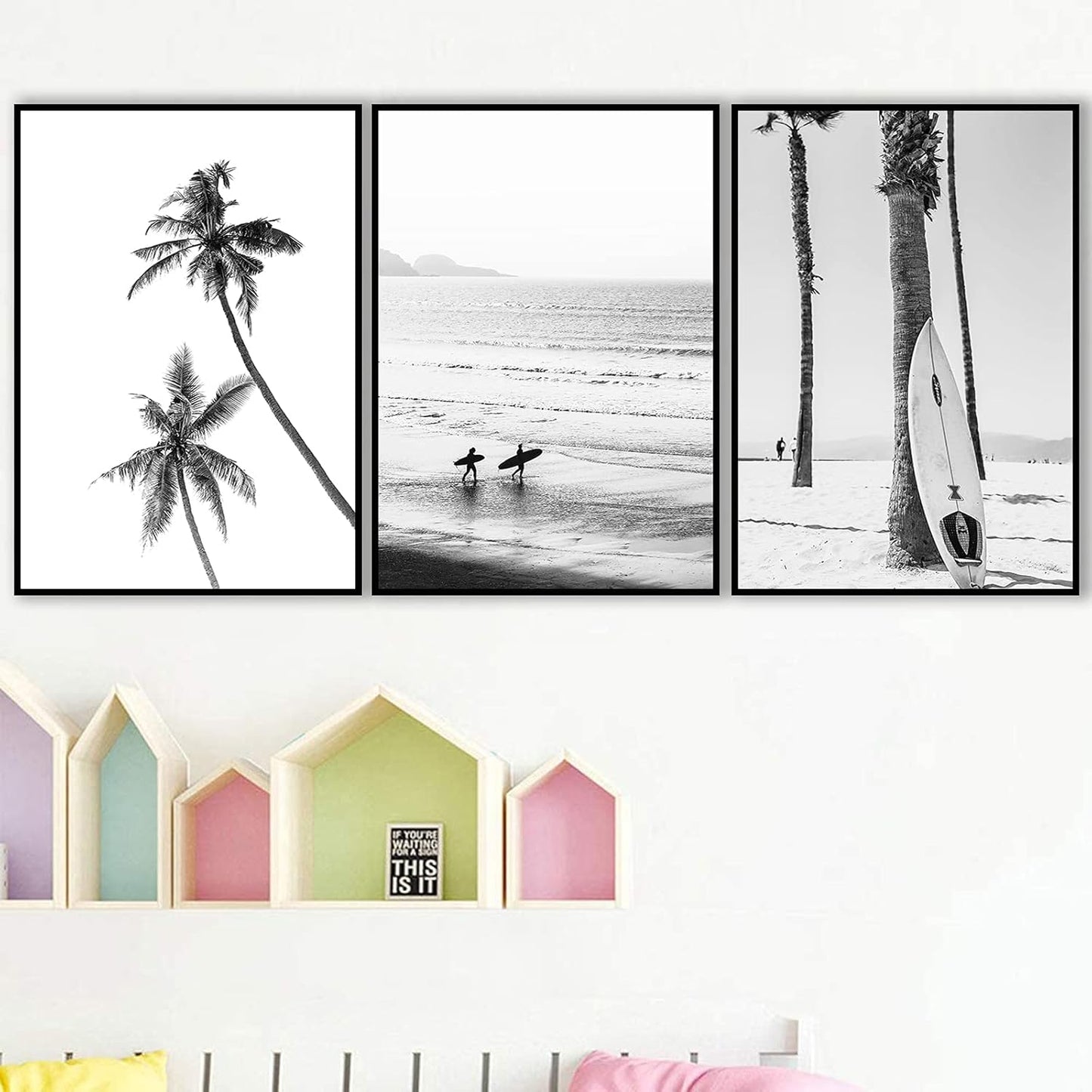 VLOLIFE Black and White Coastal Surfing Landscape Posters and Prints, Unframed Canvas Painting Home Decor 16X24inchX3