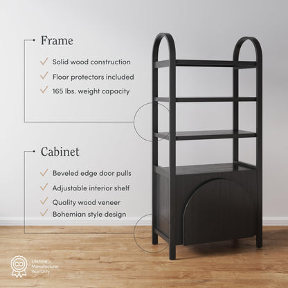 Nathan James Iris 3 Tier Bookshelf, Arched Bookcase Cabinet, Solid Wood Bookcase with Cabinet Base, Boho Bookshelf in Midnight Charcoal Finish