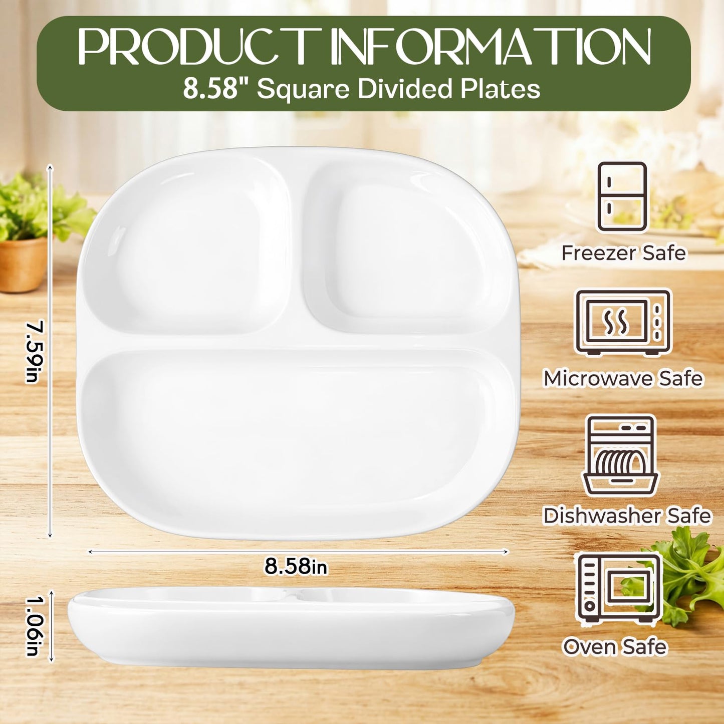 Lounsweer 4 Pack 8.58" Portion Control Plates White Rectangle Ceramic Porcelain Divided Plates Set for Rational Eating Healthy Diet Dinner 3 Compartment for Adults Microwave Dishwasher Safe