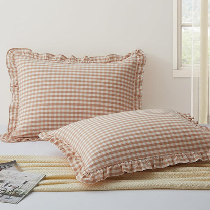 2 20x30 Inch, KKJIAF Pcs Plaid Ruffle Pillow Case Queen Size, Cotton Gingham Ruffled Euro Sham Pillow Covers Linen Feel