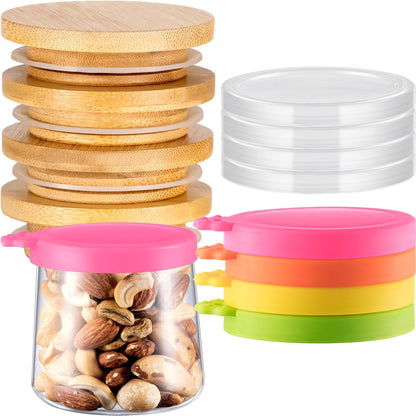 12 5, 8, 10 Oz Mumufy Pcs Yogurt Jar Lids Clear Plastic Silicone and Bamboo Wood Container Lids with Sealing Rings