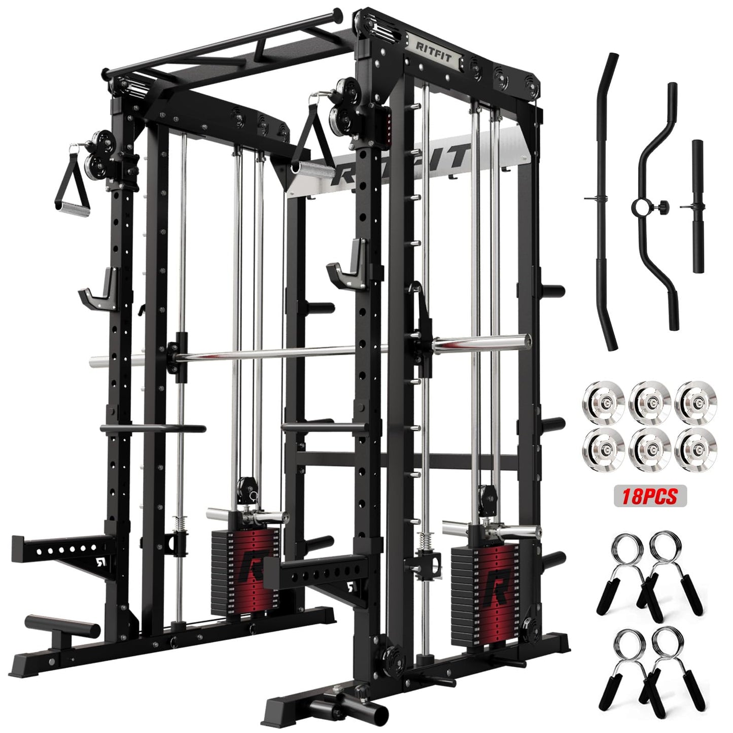 RitFit M2 Smith Machine with Cable Crossover System, 3D Functional Trainer & Power Cage, 16 Adjustment Holes, 6 Storage Pegs for Full-Body Home Gym(M2 Pro Black)