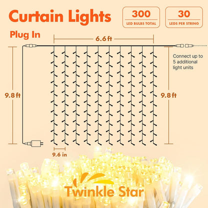 Twinkle Star 300 LED Window Curtain String Light Wedding Party Home Garden Bedroom Outdoor Indoor Wall Decorations, Warm White