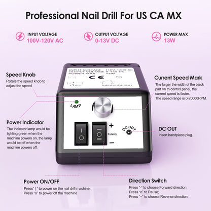 Professional Nail Drill Machine 30000 RPM Efile Electric Nail Filer Kit for Finger Toe Nails, Acrylic Gel Nails, Manicure Pedicure Drill with 6Pcs Nail Bits, 106Pcs Sanding Bands - Pink
