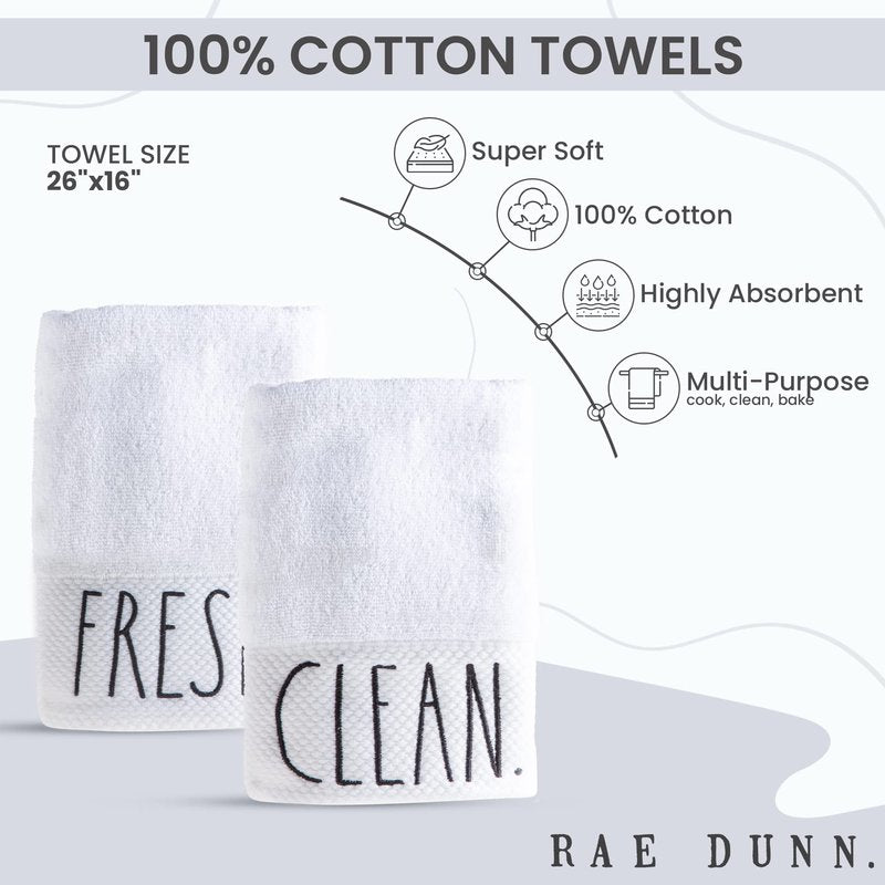 Rae Dunn Hand Towels, Embroidered Decorative Hand Towel for Kitchen and Bathroom, 100% Cotton, White- Fresh/Clean, 16"x 28"
