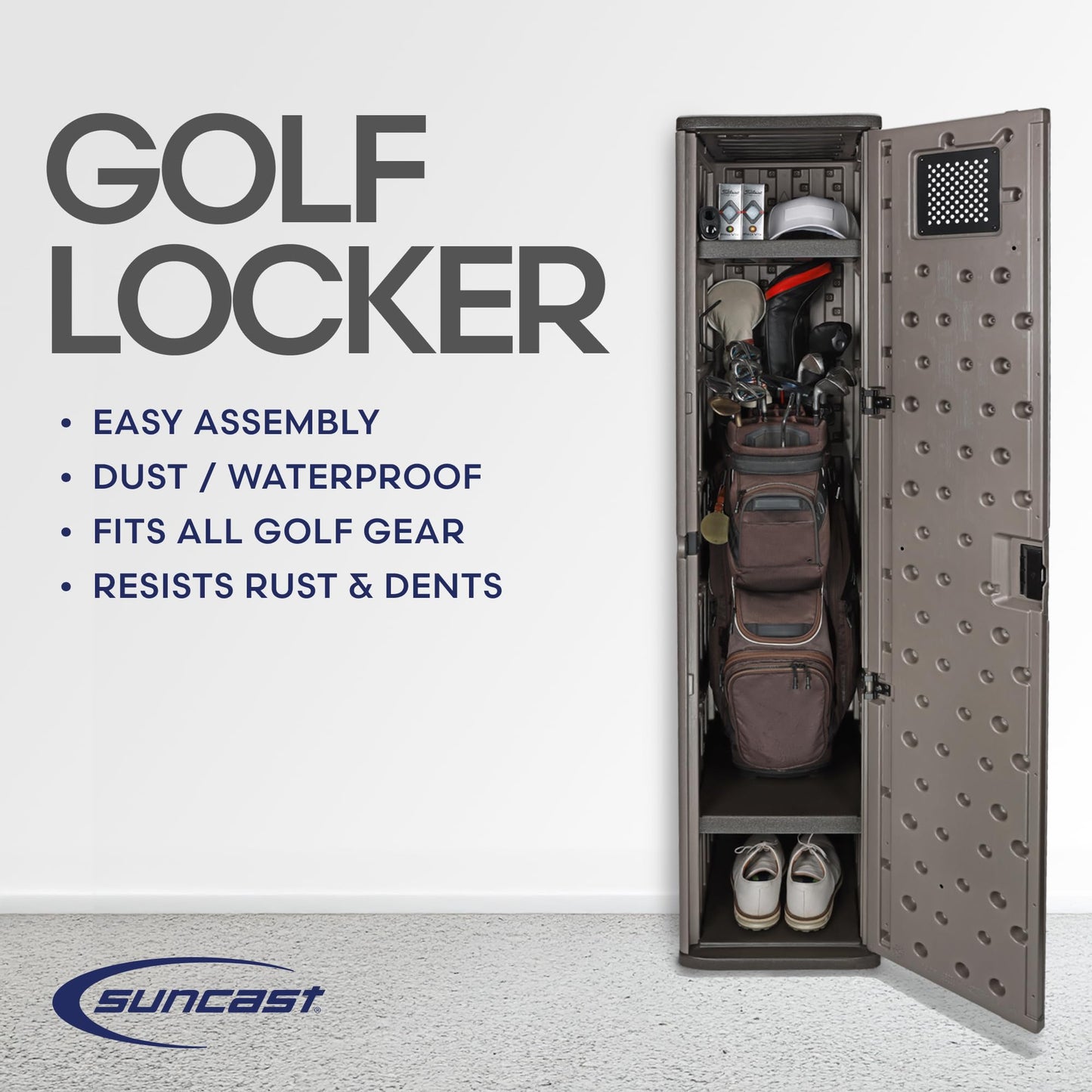 Suncast Garage and Golf Storage Organizer – Golf Rack and Bag Storage, Hall Tree with Shoe Cubby, Heavy-Duty Resin Locker Cabinet with Adjustable Shelves, Lockable, for Golf Equipment, Made in the USA