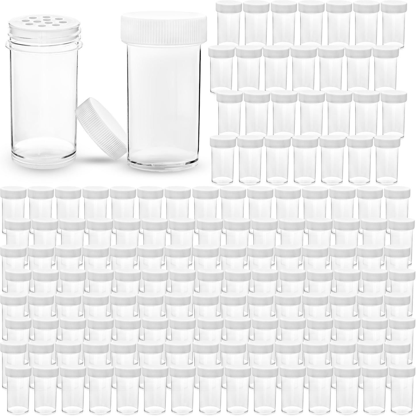 Conagel 150 Pack 1 oz Mini Plastic Spice Jars with Sifters Clear Empty Seasoning Bottles with White Caps for Travel Storing Spice Seasoning Powders