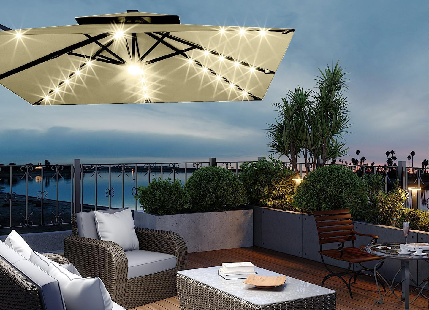 ActiveTrail 10ft Cantilever Patio Umbrella with Solar Lights & Base Included, 360° Rotation, Easy Crank Tilt, UV50+ Outdoor Umbrella—LED Lighting, Wind Vent, Offset Shade for Deck, Pool, or Backyard