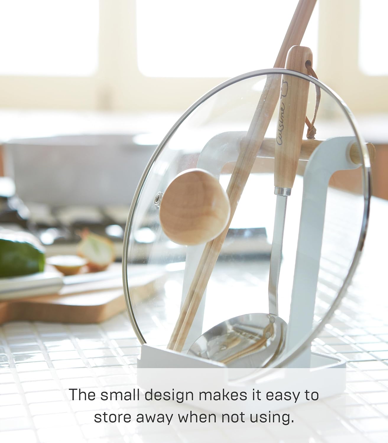 Yamazaki Home Ladle & Lid Rest - Kitchen Utensil Organizer Stand for Cooking, Steel + Wood, White