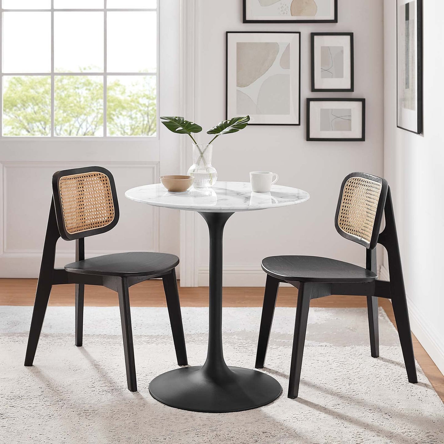Modway Lippa Mid-Century Modern 28" Round Artificial Marble Dining Table in Black White