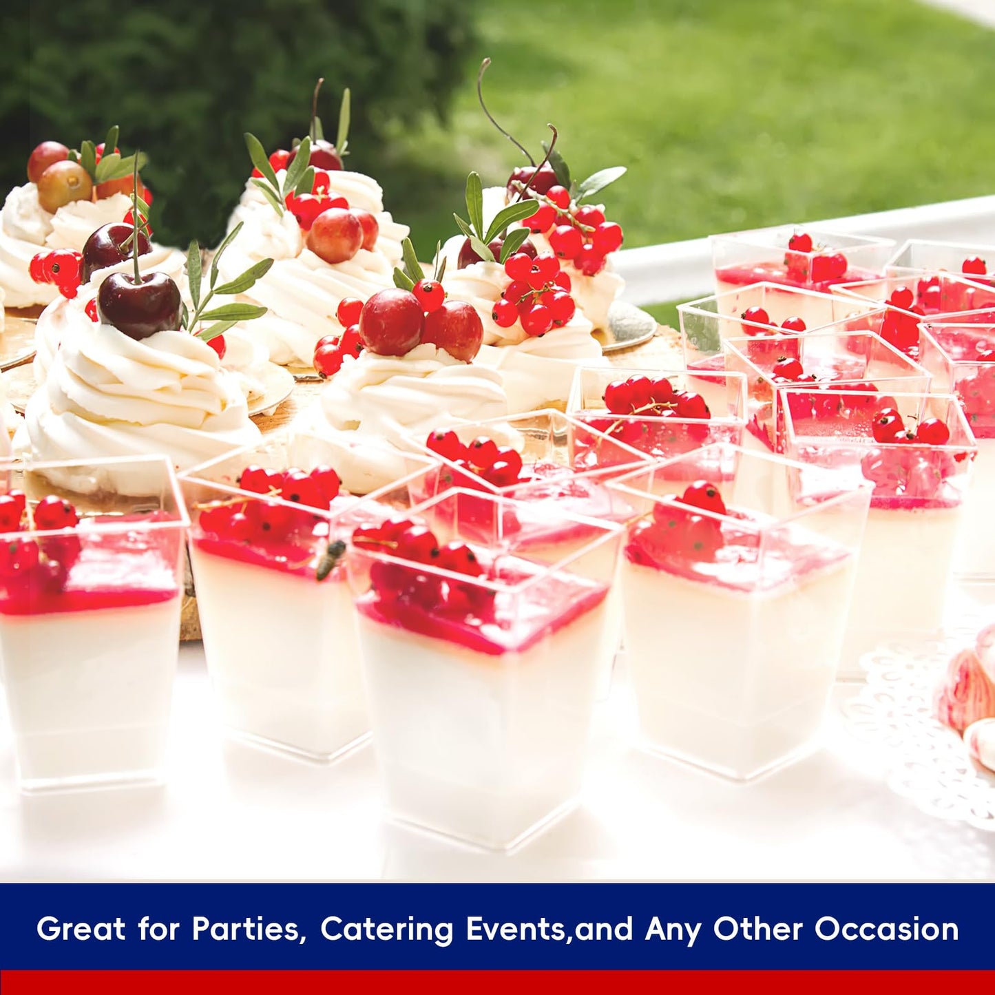JOLLY CHEF 100 Pack 3 oz Square Mini Dessert Cups with Spoons, Clear Plastic Parfait Appetizer Cup, Small Plastic Dessert Serving Bowl for Tasting Party