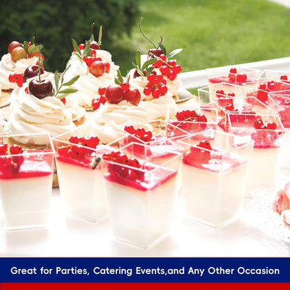 JOLLY CHEF 100 Pack 3 oz Square Mini Dessert Cups with Spoons, Clear Plastic Parfait Appetizer Cup, Small Plastic Dessert Serving Bowl for Tasting Party