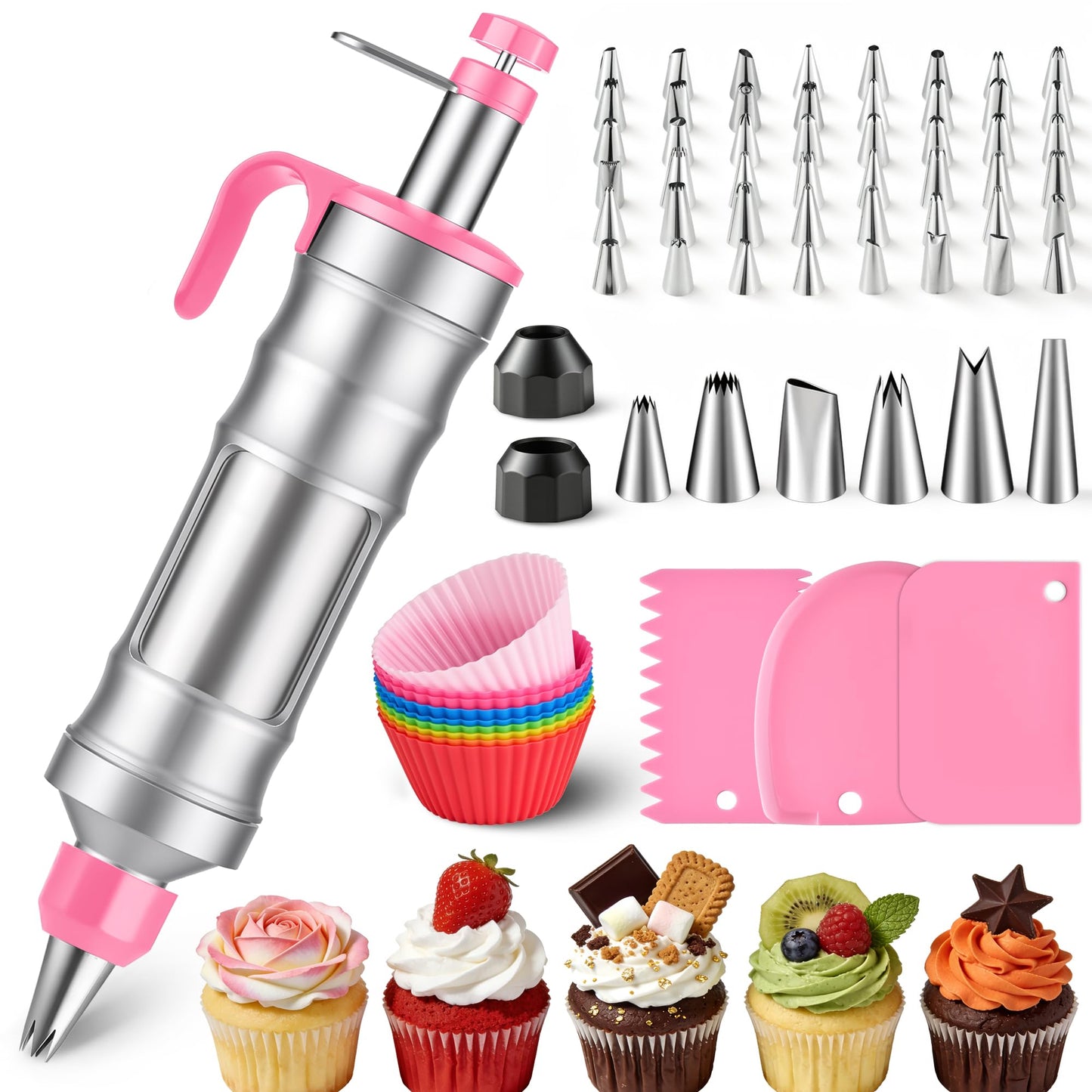 Dessert Decorating Syringe Set - Cupcake Icing Piping Kit, Cupcake Frosting Filling Injector with 54 Piping Icing Nozzles, 9 Silicone Cupcakes, 3 Cream Scrapers -for Cake,Cupcakes,Cookie (69Pcs-Pink)