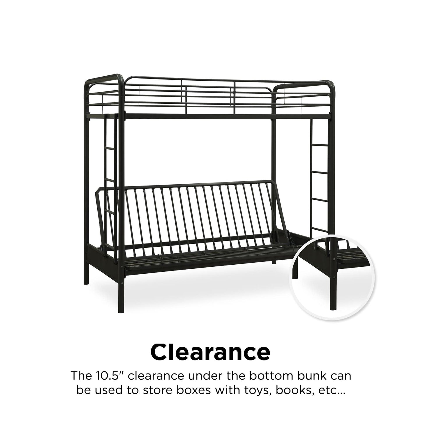 DHP Twin-Over-Futon Convertible Couch and Bed with Metal Frame, Ladder and Guardrails - Black