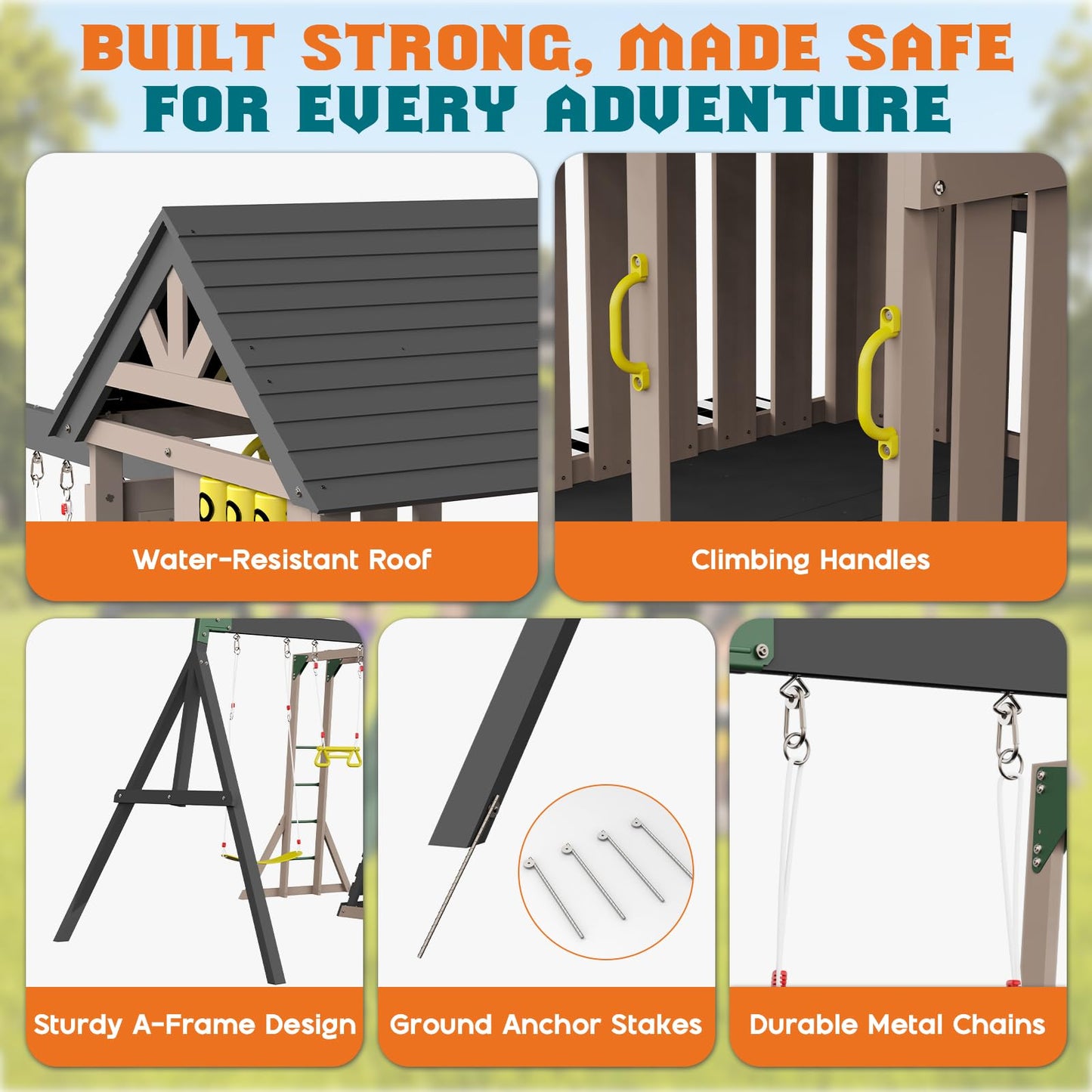 Albott Wooden Swing Set for Kids, Large Outdoor 11-in-1 Playset with Playhouse, Wave Slide, 2 Swings and Climbing Wall, Backyard Playground for Ages 3–8, 200" D x 161" W x 114" H