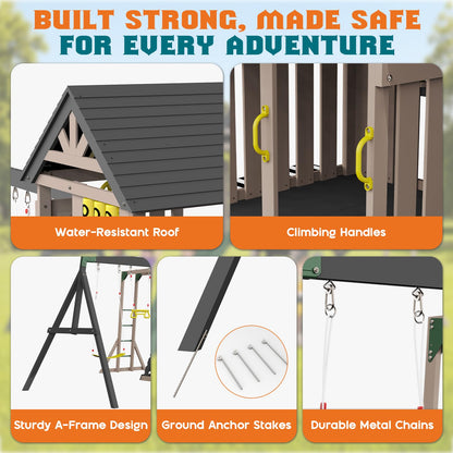 Albott Wooden Swing Set for Kids, Large Outdoor 11-in-1 Playset with Playhouse, Wave Slide, 2 Swings and Climbing Wall, Backyard Playground for Ages 3–8, 200" D x 161" W x 114" H