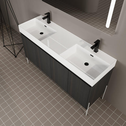 KEIKI 60" Freestanding Bathroom Vanity with Resin Double Sink, Modern Bathroom Storage Cabinet with Soft Closing Doors & Solid Metal Legs, 60 inches Double Sink Bathroom Vanity with 45° Bevel Handle