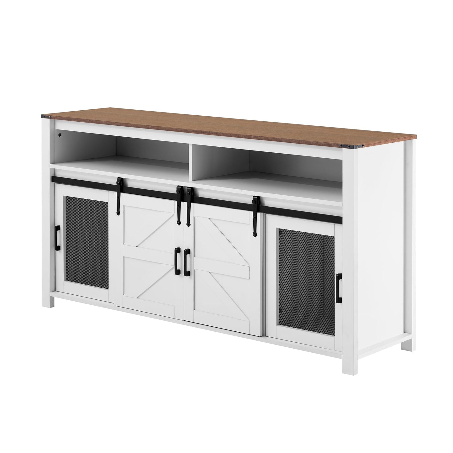 Ball & Cast Farmhouse Sideboard Buffet Cabinet with Storage, 59.3" TV Stand with Sliding Barn Door &Mesh Panel Door, Hallway Console-Tables Rustic Wood Coffee Bar Table for Dining Kitchen, White