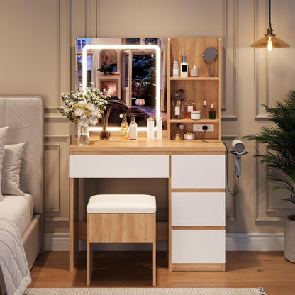Vanity Desk with Mirror and LED Light, Vanity Desk with 4 Drawers, Power Outlet, Storage Stool, Open Shelves, Hairdryer Holder, Adjustable 3 Lighting Mode, Makeup Vanity Set for Bedroom, Wood Color