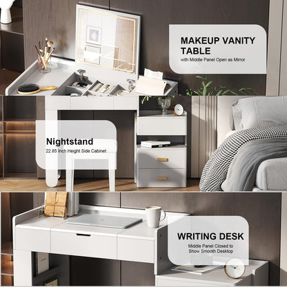Merax Makeup Vanity Desk with Flip-Top Mirror and Lights, Modern Vanity Set with Cushioned Stool, 3-in-1 Dressing Table with Retractable Side Cabinet and Ample Drawers for Bedroom, White