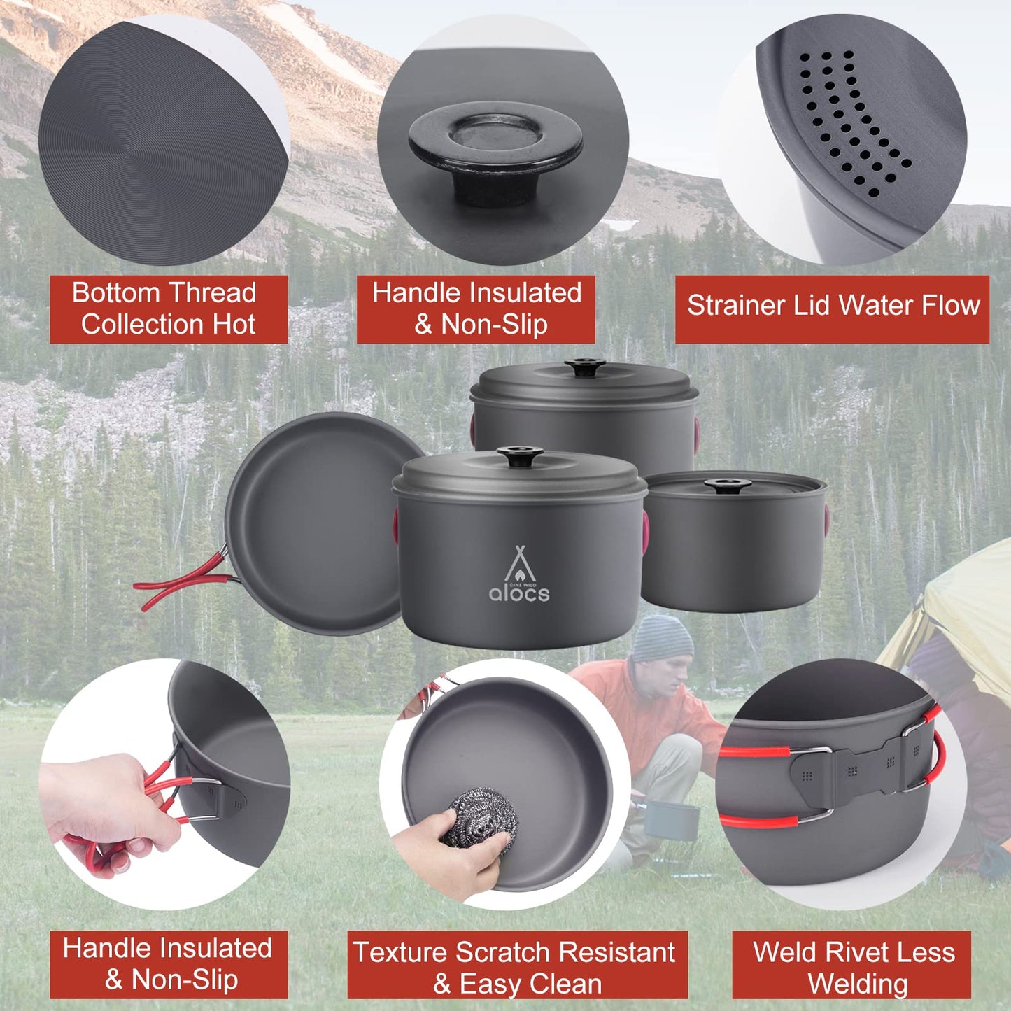 Alocs Camping Cookware, Aluminum Camping Cooking Set Camp Kitchen, Portable Camping Pots and Pans Set Essentials Mess Kit for Backpacking, Outdoor Cooking and Picnic