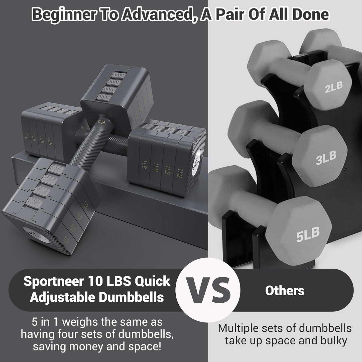 Adjustable Dumbbells Hand Weights Set: Sportneer 5 in 1 Weight Adjustment 10 LB Dumbbells Set of 2 Free Weights Fast Adjust Dumbbell Weight Set for Women Men Home Gym Exercise Workout Strength