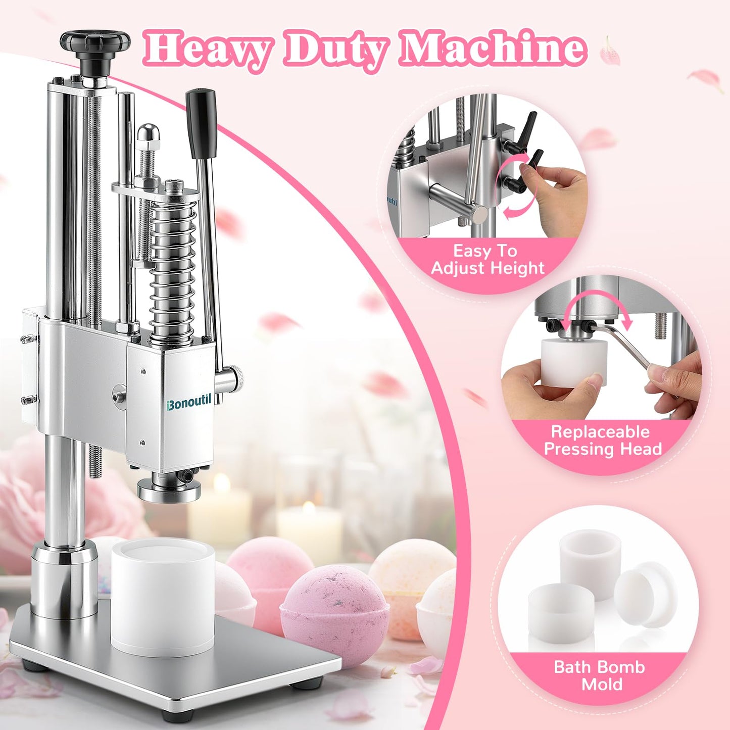 Bonoutil Bath Bomb Press Machine with 6 Molds, Heavy Duty Adjustable Height Bath Bomb Machine DIY Soap Press