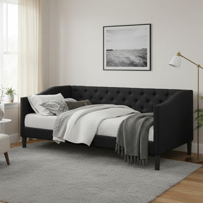 HOME DESIGN Gianna Twin Daybed, Upholstered Frame, Button-Tufted Back, Rectangular Back with Sloped Arms, Full Slat System, Black Tapered Legs, Black