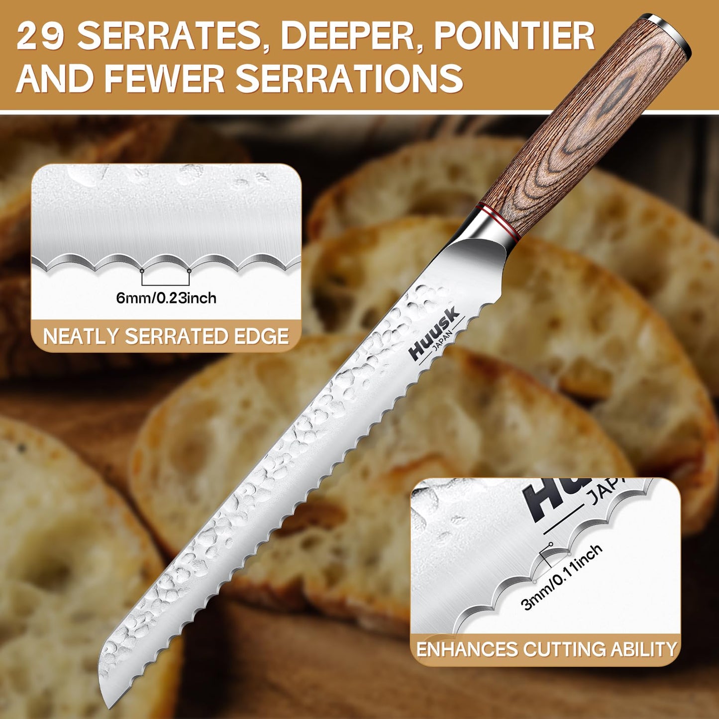 Huusk Japanese Sourdough Bread Knife - 10" Sharp Bread Slicing Knife for Homemade Cake Toast Bagel, Stainless Serrated Long Knives for Fruit Vegetable Watermelon, Gift Idea for Men Women Baking Lover
