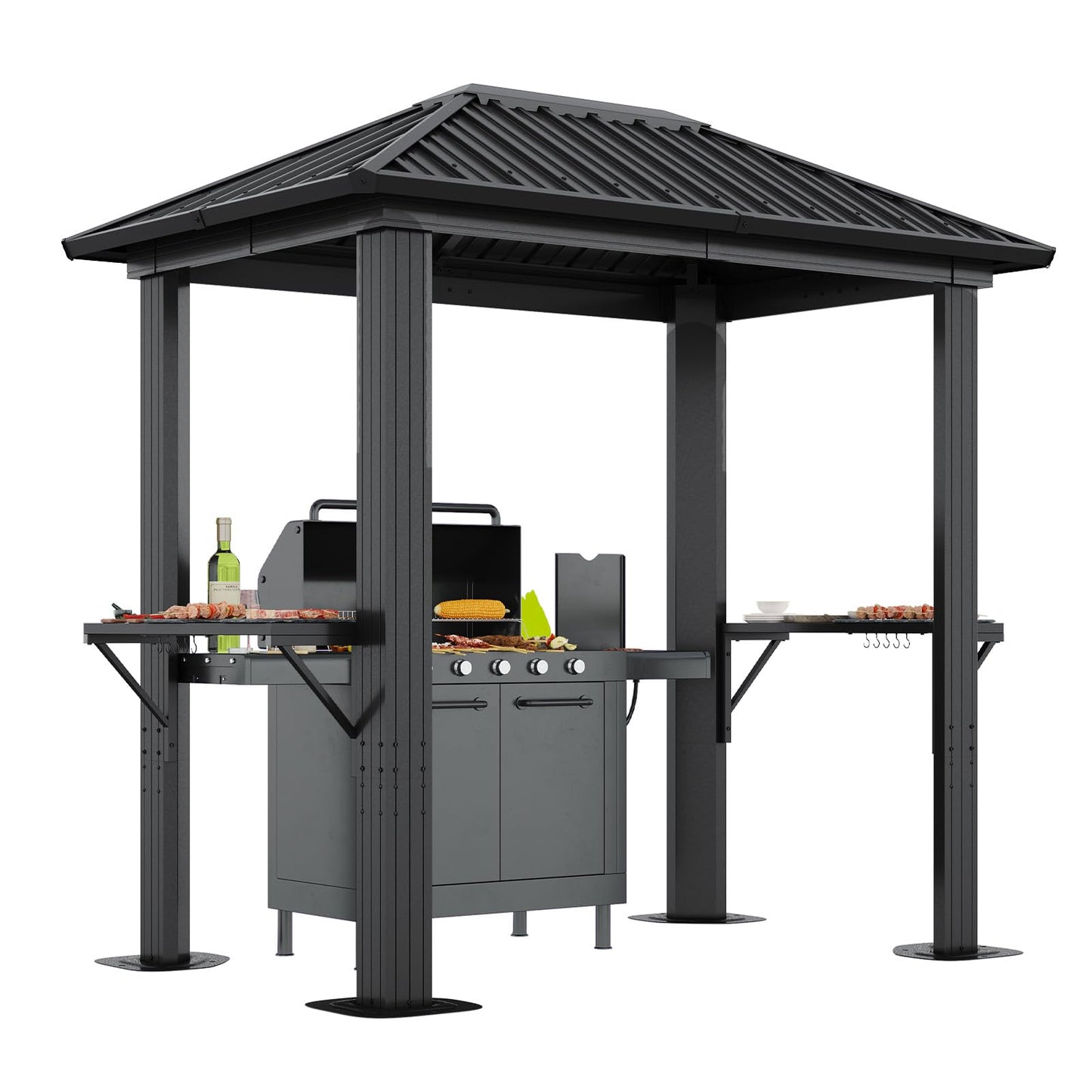 Aoxun Grill Hardtop Gazebo 5 x 8 FT, Outdoor Metal Hard Top Gazebo, Permanent BBQ Pavilion with Galvanized Steel Roof, Aluminum Pavilion with Shelves for Lawn, Garden, Patio, Backyard
