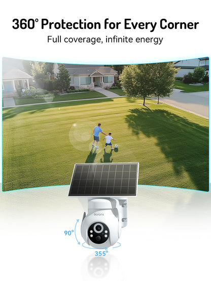 blurams 2K Solar Outdoor Camera Wireless, 360° PTZ Security Cameras Wireless Outdoor with Human Auto Tracking, R/Color Night Vision, Battery Powered, Compatible with Alexa, 2.4GHz Only, 2Pack