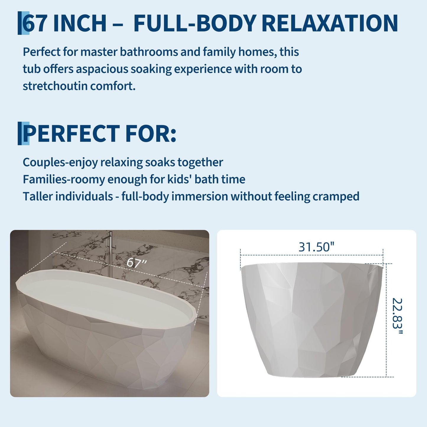 GarveeHome 67 Inch Acrylic Freestanding Bathtub with Diamond-Look Glossy Finish – Modern Deep Soak All White Luxury Tub Featuring Chrome Pop-Up & Overflow Drain for Bathrooms