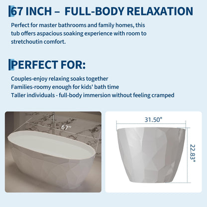 GarveeHome 67 Inch Acrylic Freestanding Bathtub with Diamond-Look Glossy Finish – Modern Deep Soak All White Luxury Tub Featuring Chrome Pop-Up & Overflow Drain for Bathrooms