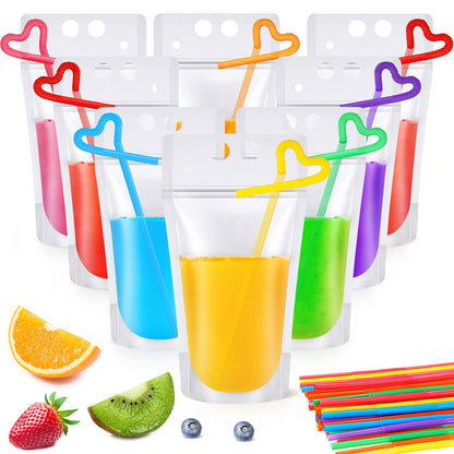 Nuenen 600 Pack Drink Pouches with 600 Straws Freezable Juice Pouches Straw Holes 17 oz Reclosable Drinking Bags for Adults for Smoothie Cold Hot Drinks Party (Classic)