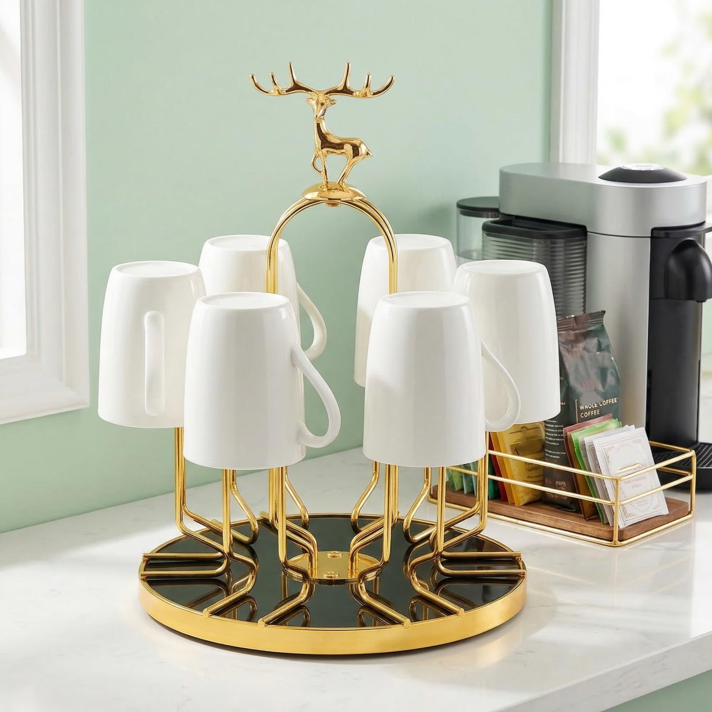Pumtus Rotating Cup Drying Rack Stand, 6 Cups Drinking Glass Holder, Non-Slip Steel Mug Drainer Organizer, Glass Cup Stand with Silicone Protective Hooks, Tumbler Dryer Tree for Kitchen, Countertop