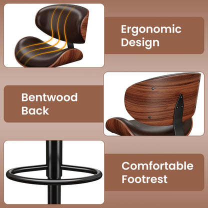 YaFiti Bar Stools Set of 3, Bentwood Adjustable Height Swivel Bar Stools, PU Leather Upholstered Bar Chair with Back and Footrest for Bar, Kitchen, Dining Room, Brown