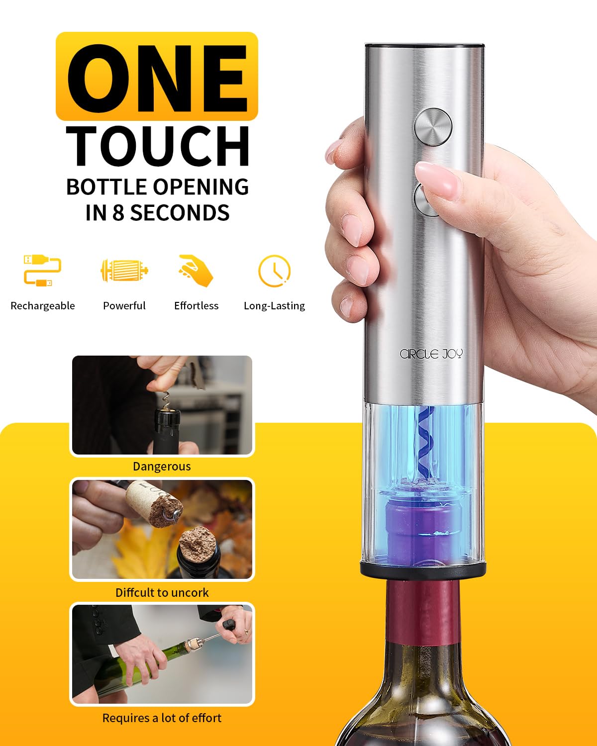 CIRCLE JOY Rechargeable Electric Wine Opener Set 8-in-1 Stainless Steel Automatic Wine Bottle Opener Gift Set w/Electric Wine Aerator Pourer, Foil Cutter, Wine Drip Ring, Vacuum Pump & 2 Wine Stoppers