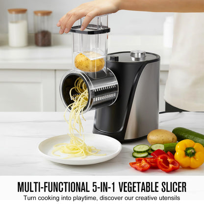 Inequalit Electric Vegetables Slicer Cheese Shredder, 5-in-1 250W Professional Automatic Salad Fruits Maker Shooter Chopper Machine Kitchen Cutter Grater Food Processor with 5 Different Blades