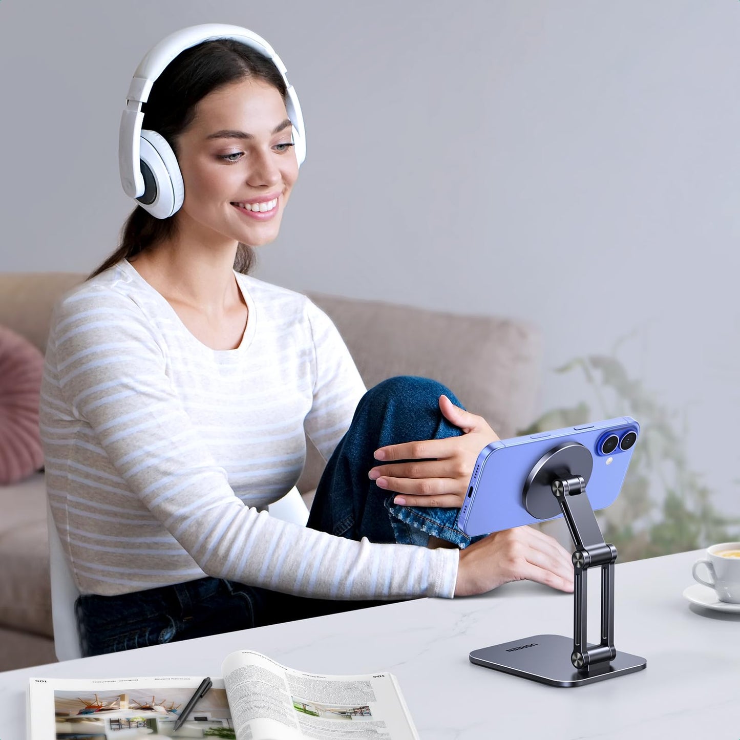 UGREEN Magnetic Phone Stand Compatible with MagSafe Holder for Desk Ergonomic Design Adjustable, Aluminum Cell Phone Stand Compatible for iPhone 17 Air 16 15 14 13 12 Pro Max and MagSafe Case, Grey
