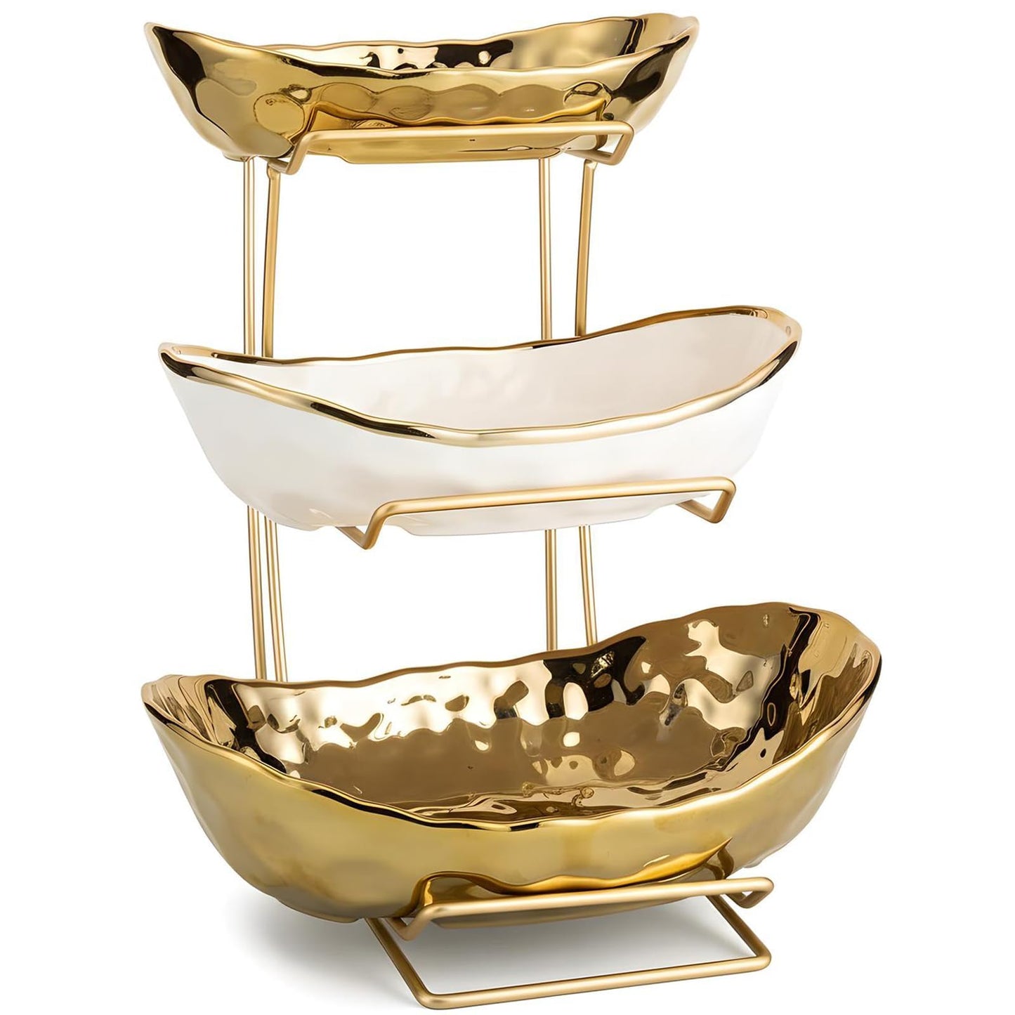 MEIGLQEA 3-Tier Gold Fruit Bowl & Tray with Metal Stand - Ceramic White, Triple Layer for Snacks, Nuts, Bread & Candy Storage