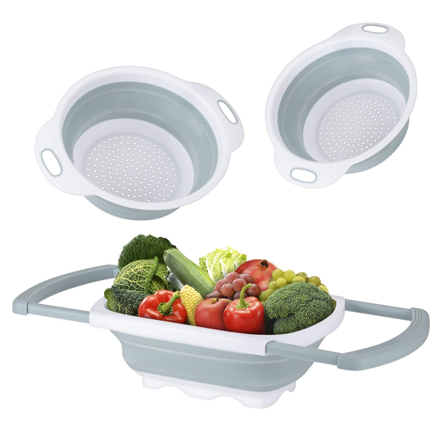 Colander Collapsible, Kitchen Strainer Colander, Collapsible Colander with Extendable Handles for Draining Veggies, Pasta,Fruit, Includes 6, 4 Quart Over the Sink Strainer Folding and 2 Quart Round