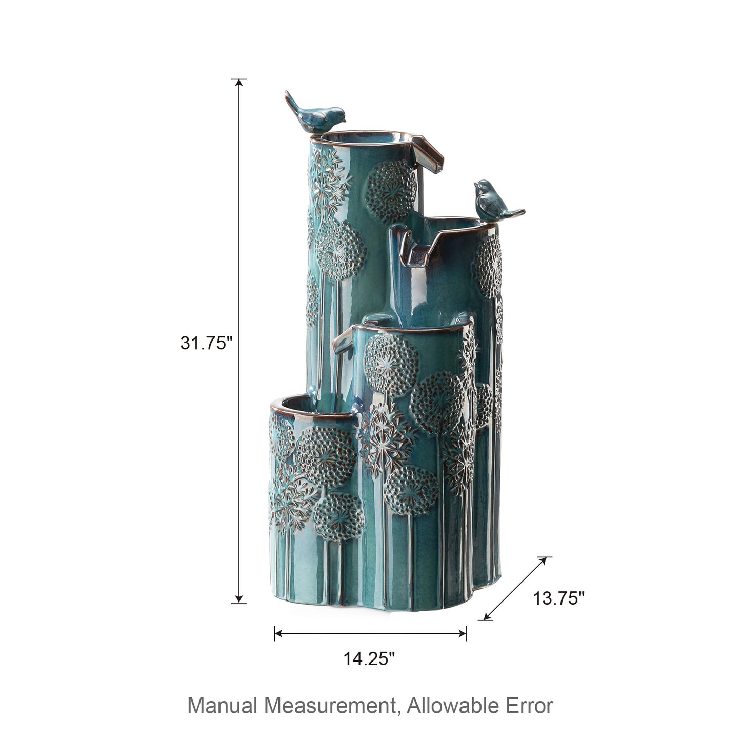 Glitzhome 31.75" H Outdoor Water Fountain with LED Lights and Pump, 4 Tier Dandelion Texture Vase Shaped Ceramic Floor Standing Fountain with Birds for Porch Deck Garden Patio Backyard, Turquoise