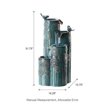 Glitzhome 31.75" H Outdoor Water Fountain with LED Lights and Pump, 4 Tier Dandelion Texture Vase Shaped Ceramic Floor Standing Fountain with Birds for Porch Deck Garden Patio Backyard, Turquoise
