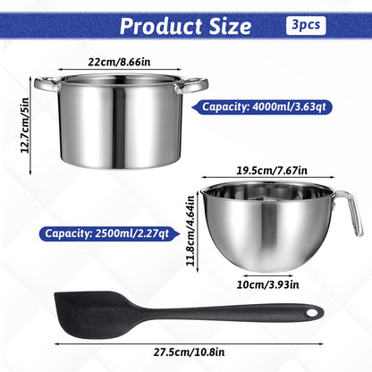 Double Boiler Pot Set, Include 2500ml/2.3QT Mixing Bowl and 4000ml/3.63qt Stainless Steel Pot, Silicone Spatula, For Candy, Soap Wax Candle Making Supplies, Induction Safe