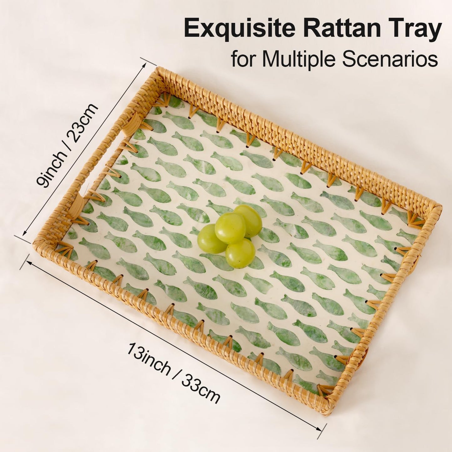 13"9") Rectangle Rattan Tray with Mother of Pearl Inlay, Rattan Serving Tray with Handle for Coffee, Bread, Fruits