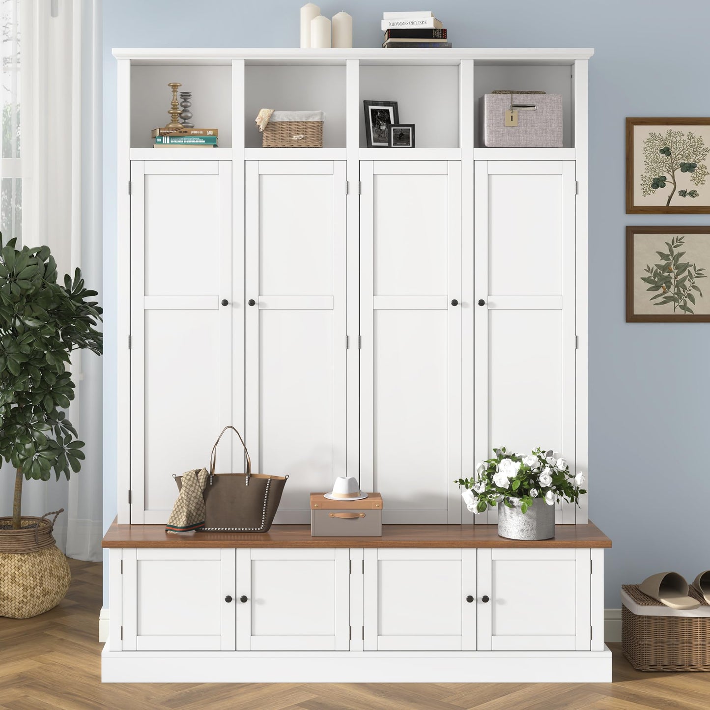 Hall Tree with Bench and Shoe Storage, Entryway Coat Rack with Cabinet, 4-in-1 Mudroom Bench with Hooks and Open Cubbies, Clothes Rack for Hanging Closet, Entryway Organizer for Hallway Living Room,A1
