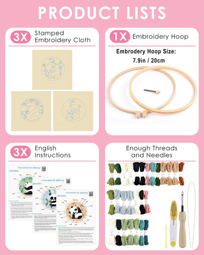 TINDTOP 3 Sets Punch Needle Kits, Panda Punch Embroidery Kits for Adults Beginner, Tool with Punch Needle Fabric, Hoops, Yarns and Sewing Needles